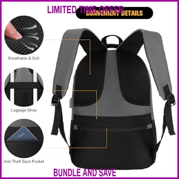 28L Laptop Backpack with USB Charger, Water Resistant Polyester, 15.6 Inch main image 3